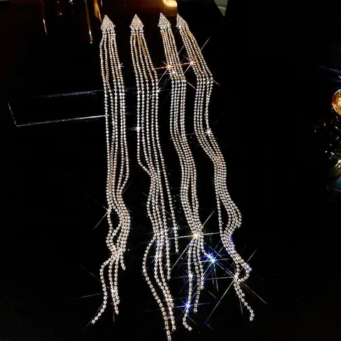 Rhinestone Long Tassel Drop Earrings With 925 Sterling Silver Earring Post Geometric Triangle Elegant Party For Women