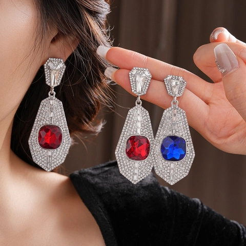 Vintage Palace Style Geometric Dangle Earrings Oversized Rhinestone Inlaid Jewelry With Silver Earring Post For Women