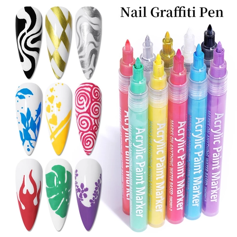 Pluma de Arte de Uñas Graffiti Marcador de Pintura Acrílica para Dibujo DIY Pluma Liner de Secado Rápido para Manicura de Mujer