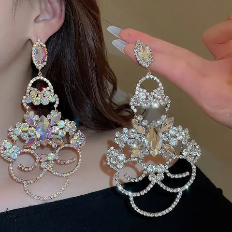 Exaggerated Flower Drop Chandelier Earrings With Rhinestone Silver Earring Post Luxury Banquet Jewelry For Women
