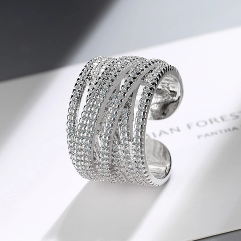 Wide Band Wavy Multi-layer Copper Ring For Women Zircon Inlaid Adjustable Open Knuckle Finger Jewelry Fashion