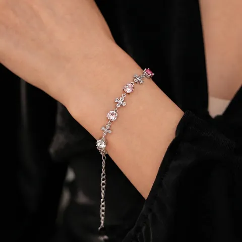 Rosa Weiß Runde Zirkonia Kreuz Armband Kupfer Verstellbare Kette Retro Elegantes Handschmuck Für Damen