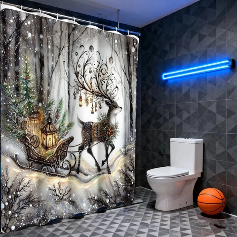 Rideau De Douche De Noël Traîneau De Renne Tissu Polyester Imperméable Décor De Salle De Bain Festif Avec Crochets En Plastique