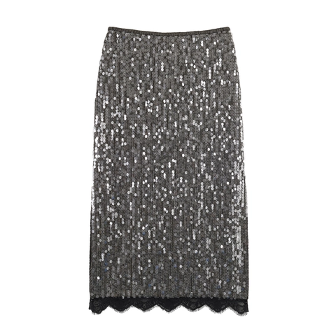 Gonna Midi In Paillettes Con Bordo In Pizzo Argento Brillante Gonna A Tubino Aderente Per Donna Festa Sexy Streetwear