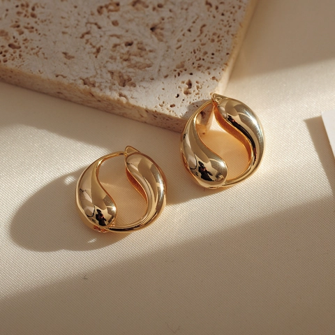 Minimalist Waterdrop Hoop Earrings For Women Chunky Fluid Teardrop Earrings Polished Copper Real Gold Plated