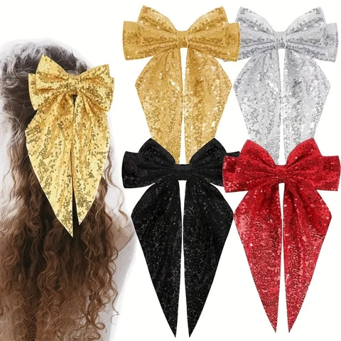 Fermaglio Per Capelli Con Fiocco Grande Di Paillettes Nastro Lungo In Tessuto Scintillante Clip A Molla Per Festa Natale Matrimonio