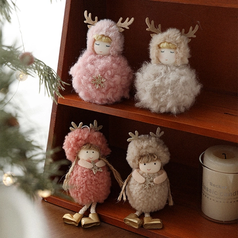 Christmas Plush Angel Girl Hanging Ornament Reindeer Antler Wings Doll Festive Xmas Tree Decoration Soft Fabric Craft