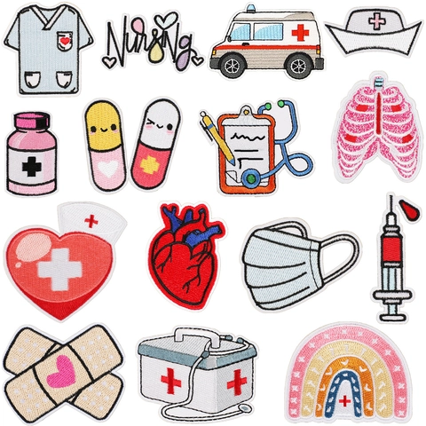 Medical Nursing Embroidered Patches Cartoon Ambulance Nurse Hat Heart Organ Fabric Applique DIY Clothing Decoration