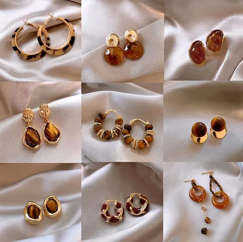 Vintage Geometric Resin Tiger Eye Stone Earrings For Women With Silver Earring Post Leopard Print Artificial Pearl Zircon