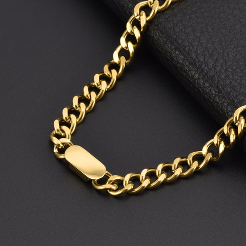 Fashion Stainless Steel Gold Curb Chain Jewelry Set For Women Plain Rectangular Tag Cuban Link Necklace And Bracelet Commuter Jewelry