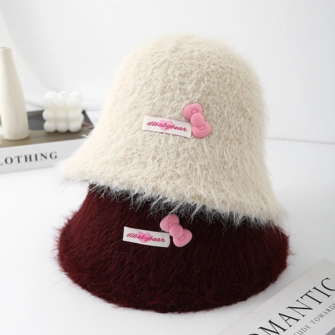 Women Japanese Style Plush Bucket Hat With Pink Bow Sweet Faux Fur Warm Basin Hat For Winter Outdoor Daily Wear
