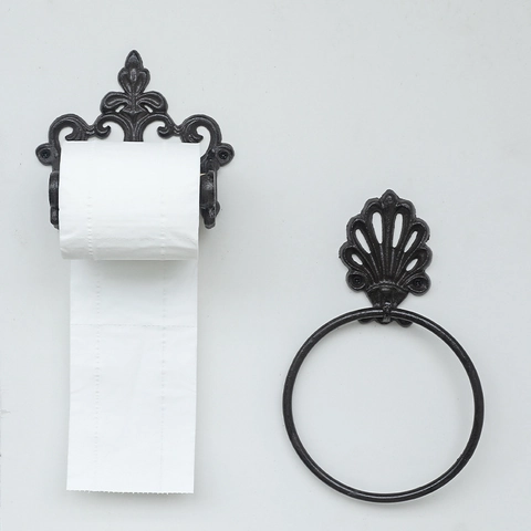 Vintage Cast Iron Bathroom Accessories Wall Mounted Towel Ring And Toilet Paper Holder European Antique Shell Floral Decor