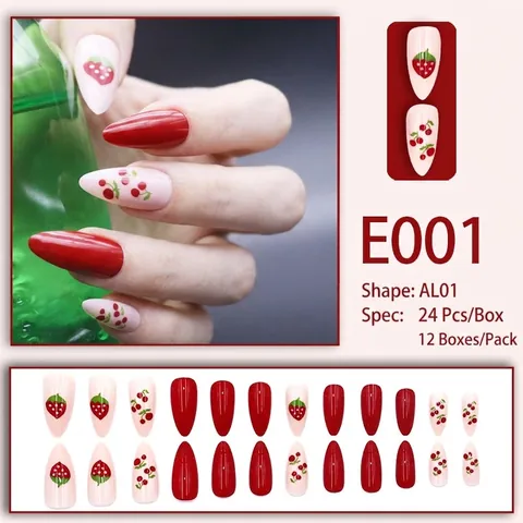 Almond Press On Nails Strawberry Cherry Pattern Red Pink Glossy Sweet Style For Women