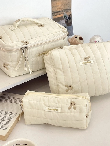 Quilted Cotton Cosmetic Bag With Rabbit Embroidery Portable Makeup Pouch Storage Case For Women Cute Soft