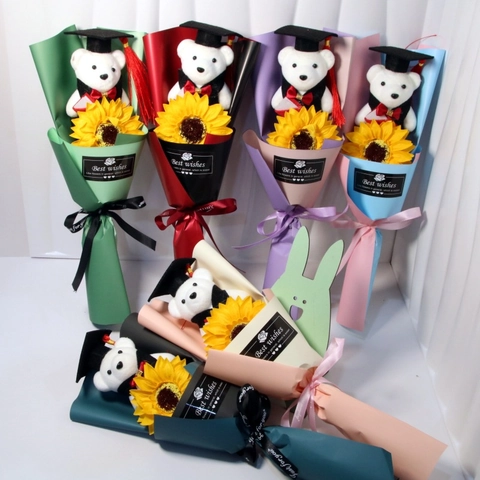 Graduation Teddy Bear Bouquet Artificial Sunflower Soap Flower Gift Plush Toy Doctor Gown Decoration