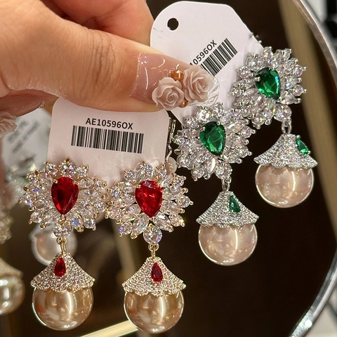 Retro Palace Drop Earrings With Red Zircon Flower And Golden Faux Artificial Pearl Silver Earring Post Luxurious Jewelry For Women