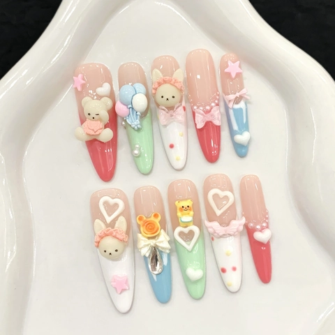 Uñas Postizas Hechas A Mano Almendra Larga Con Oso 3D Globo Lazo Color Macarrón Estilo Dulce Para Mujeres