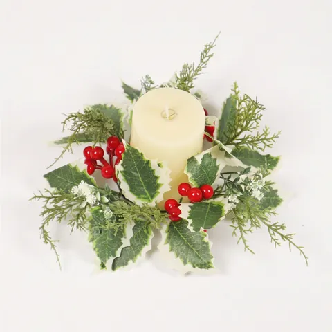 Künstlicher Weihnachts Kerzenring Kranz Rote Beeren Weiß Umrandete Stechpalmenblätter Kiefernnadeln Tischdeko Kunststoff Stoff