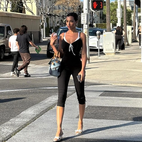 Knitted Women Jumpsuit Slim Fit Sleeveless Lace Trim Bow Camisole Retro Sporty Casual Capri Length Bodysuit