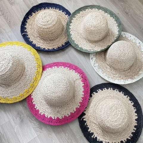 Sombrero De Paja De Papel De Rafia De Ala Ancha Mujer Ganchillo Color De Contraste Lazo Protección Solar Playa Verano