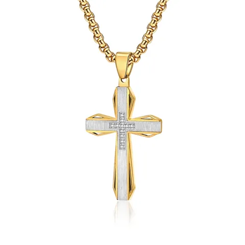 Collar Con Colgante De Cruz Para Hombre Acero Inoxidable Color Contrastado Cepillado Con Centro De Circón Joyería Religiosa Regalo