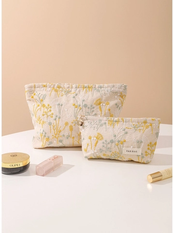 Trousse De Maquillage Broderie Florale Coton Lin Pochette Cosmétique Esthétique Organisateur De Toilette Pour Femmes
