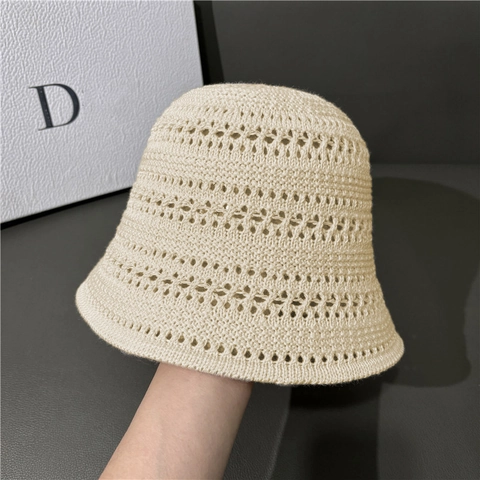 Sombrero de Pescador Calado de Ganchillo para Mujer Transpirable Parasole Sombrero de Poliéster Casual Color Sólido Gorra de Verano