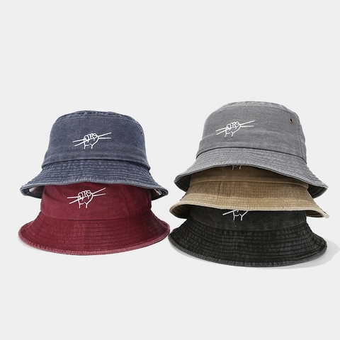Washed Cotton Bucket Hat Distressed Retro Embroidery Hand Gesture Sun Protection Hip Hop For Men Women