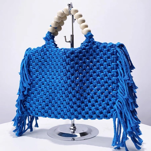 Bohemian Hand Woven Cotton Macrame Handbag With Wooden Beads Handle And Tassel Fringe Vacation Mini Phone Bag
