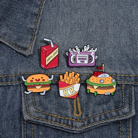 Broche En Email Nourriture Dessin Animé Alliage Burger Frites Boîte Jus Forme Mignon Mode Badge Pin Pour Vêtements Sac Décor Bijoux Accessoires