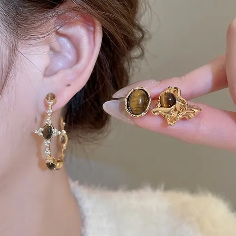 Tiger Eye Stone Stud Earrings With Silver Earring Post Vintage Geometric Irregular Pleated Gold Plated Metal Retro Fashion