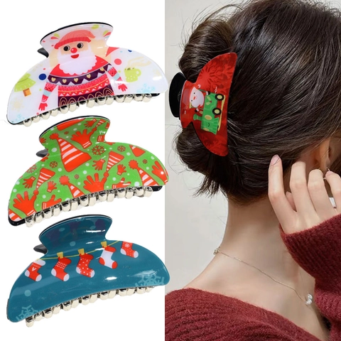 Christmas Hair Claw Plastic Acrylic Santa Claus Print Holiday Party Hair Clips For Women Girls Fashion Simple