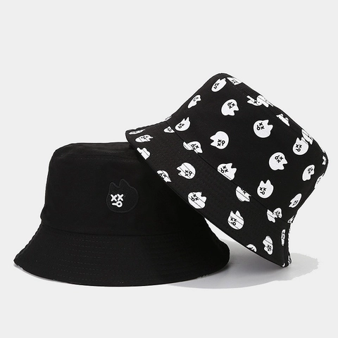 Katoenen Canvas Vissershoed Schattige Kat Borduurwerk Allover Print Omkeerbaar Zonbescherming Streetwear Casual