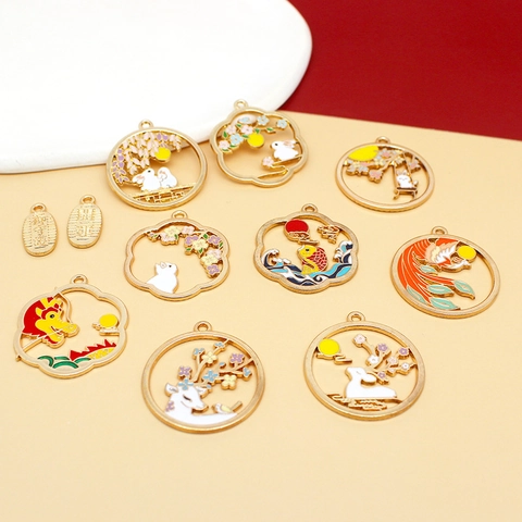 Chinese Style Enamel Alloy Charms Pendants DIY Jewelry Making Supplies Animal Patterns Koi Fish Rabbit Deer Dragon Phoenix