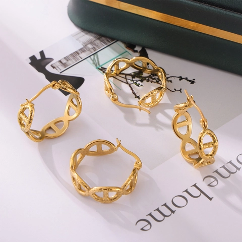 Hoop Earrings 18K Gold Plated Stainless Steel Hollow Anchor Chain Design Hammered Texture Geometric Oval For Women