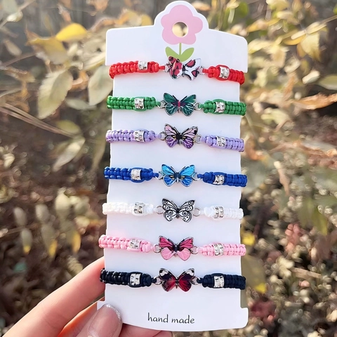 Butterfly Pendant Handmade Woven Rope Bracelet Adjustable Enamel Alloy Rhinestone Fashion Jewelry For Men Women Couple