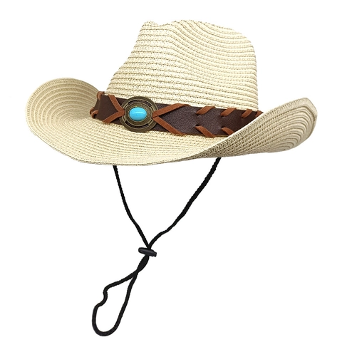 Western Cowboy Straw Hat Vintage Ethnic Style Wide Brim Sun Protection Adjustable Chin Strap Faux Turquoise Decor
