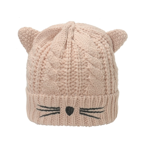 Beanie Mütze Damen Winter Acryl Dick Warm Fleecegefüttert Zopfmuster Katzenohren Stickerei Cartoon Süß
