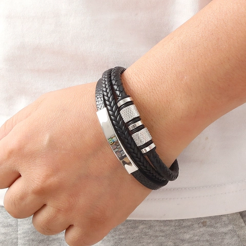 Multi-Layer Hand-Woven Leather Bracelet Geometric Stainless Steel Alloy Magnetic Buckle Fashion Jewelry For Men