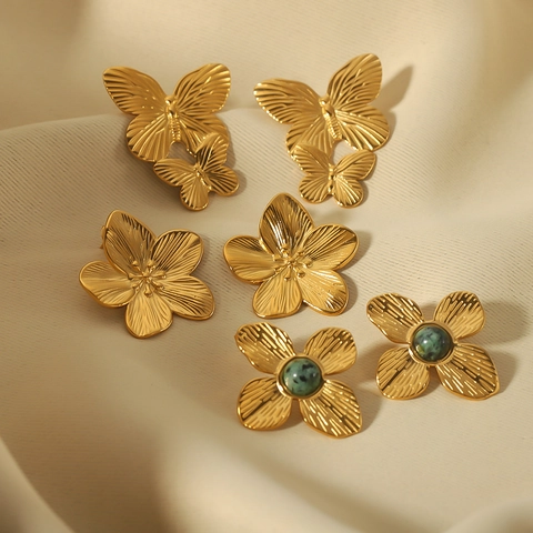 Pendientes De Botón Flor Mariposa Acero Inoxidable Chapado En Oro De 18K Piedra Preciosa Verde Estilo Retro Francés
