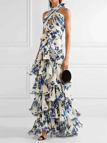 Halterneck Blumenmuster Stufenrock Maxikleid Böhmisch Urlaub Ärmellos Rückenfrei Hohe Taille Polyester Langes Sommerkleid