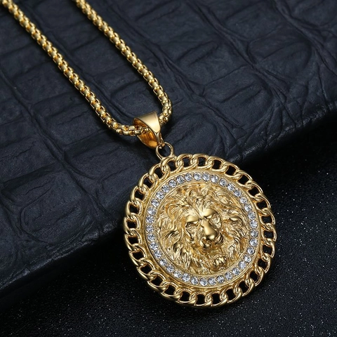 Collana Con Ciondolo A Testa Di Leone Acciaio Inossidabile Placcato Oro Hip Hop Iced Out Strass Medaglione Gioielli Uomo