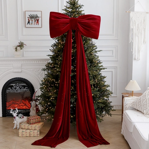 Giant Christmas Tree Topper Bow Wine Red Velvet Decorative Ribbon With Long Streamers Festive Hanging Ornament
