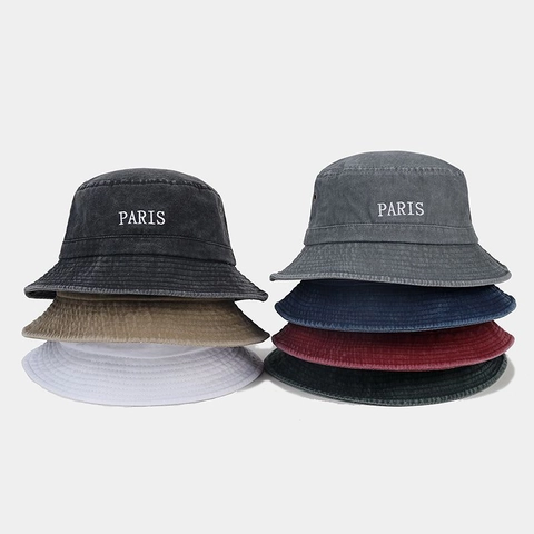Bucket Hat Washed Cotton PARIS Embroidery Distressed Retro Sun Hat Summer Outdoor Breathable For Women Men