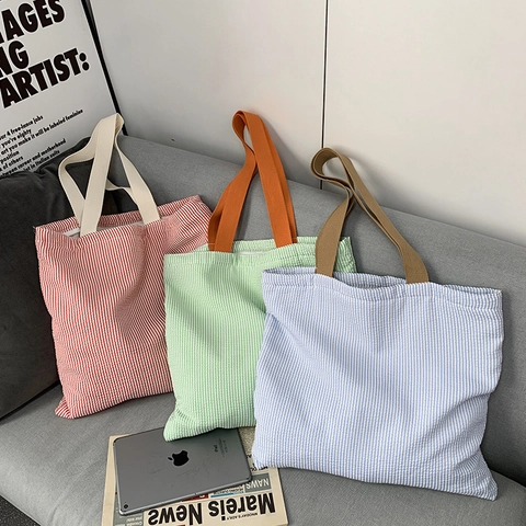 Striped Checkered Canvas Tote Bag Large Capacity Zipper Shoulder Handbag For Daily Commute School Chic Casual