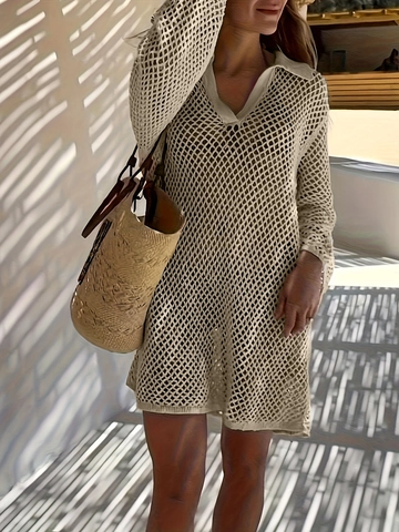 Women Crochet Beach Cover Up Hollow Out Knit Long Sleeve V Neck Loose Summer Vacation Pullover Top