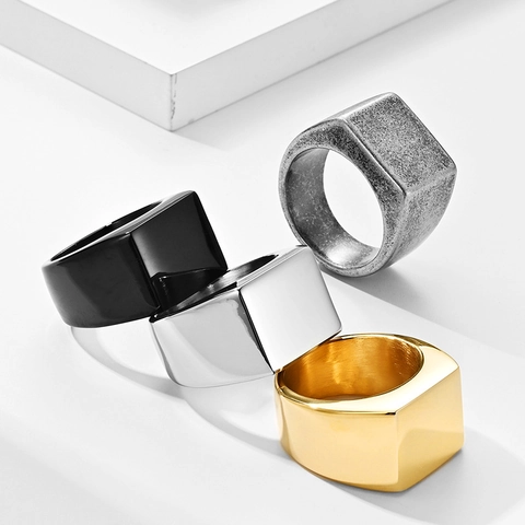 Anillo De Sello De Acero Inoxidable Para Hombre Vintage Cuadrado Pulido Joyería De Dedo Minimalista Hip Hop Punk