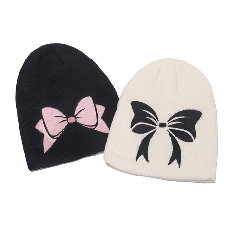 Bow Embroidery Beanie Hat Acrylic Knit Ribbed Winter Warm Windproof K-Fashion For Women