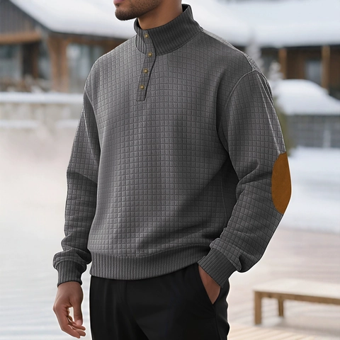 Mens Waffle Knit Sweatshirt Stand Collar Button Long Sleeve Casual Pullover With Elbow Patches