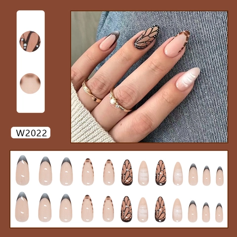 Almond Press On Nails ABS Leopard Print Butterfly Wings French Gradient Glossy Artificial Finger Nails For Women